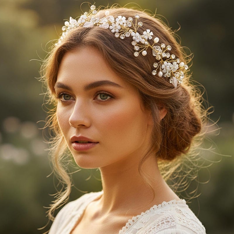 Unsutuo Flower Bridal Hair Vine Crystal Wedding Headpiececs Leaves Headbands for Women and Girls (Gold) - Image 5